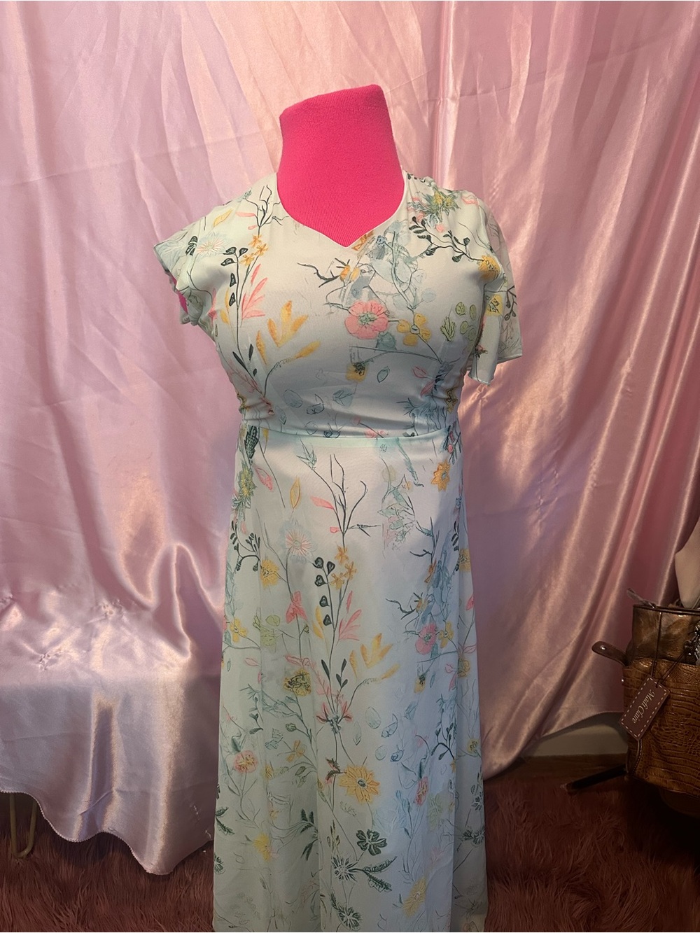 Mint Floral V-Neck Maxi Dress with Short Sleeves